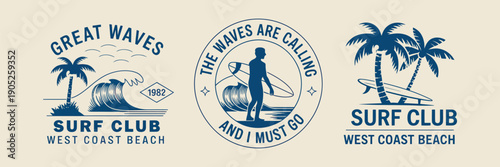 Retro Surf Club Vector Badge Set with Ocean Waves, Palm Trees, and Sunset Elements, Vintage Coastal Emblems for T-Shirt Designs, Beach Branding, Surf Logos, and Summer Lifestyle Graphics