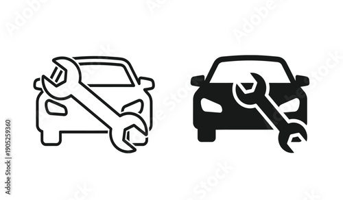 Black and white line icons of cars with wrenches on them for repair or maintenance