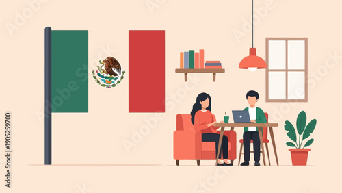 People working remotely at home with Mexican flag
