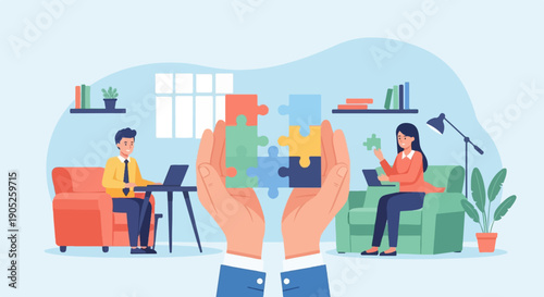 People working remotely connect puzzle pieces, symbolizing teamwork