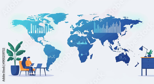 People working remotely globally with charts on world map