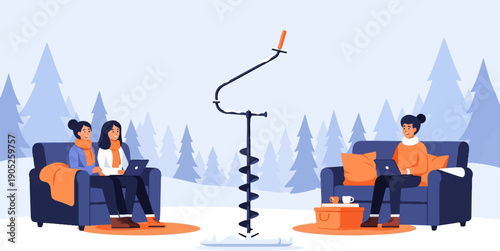 People working remotely in a winter forest with ice drill