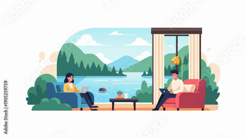 People working remotely in a serene lakeside mountain setting