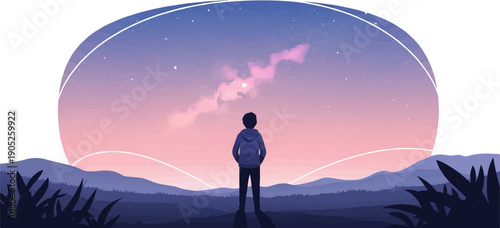 Person gazes at a pastel pink and blue starry night sky over mountains