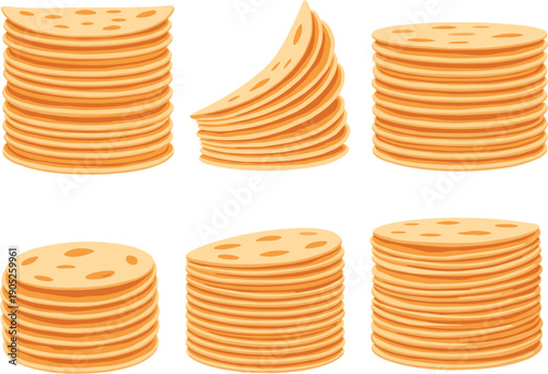 Stacked potato chips collection in different shapes isolated flat vector illustration for snack packaging branding