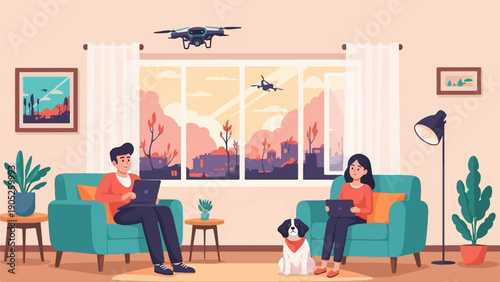 People working remotely with a drone and dog in a cozy living room