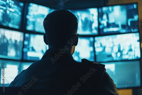 Surveillance operation control room digital security high-tech environment overhead view monitoring activities