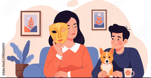 Person hides face with mask, sitting by a man and dog