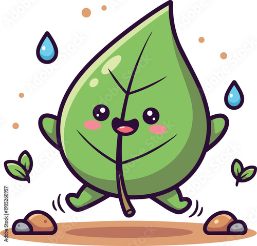 Adorable cartoon green leaf character bouncing happiness nature environment