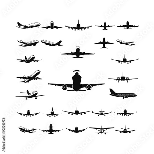 Collection of various airplane silhouettes in different flight positions.
