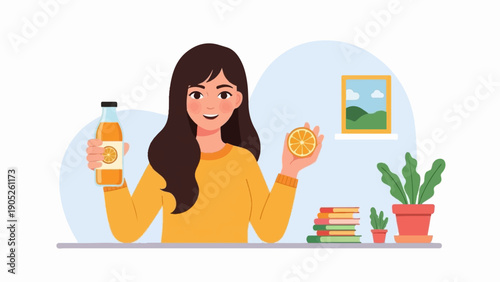Person holding orange juice bottle and slice with plants and books