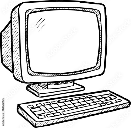 Vintage Desktop Computer CRT Monitor and Keyboard Drawing