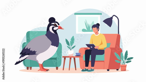 Person relaxing with a large bird in a cozy living room
