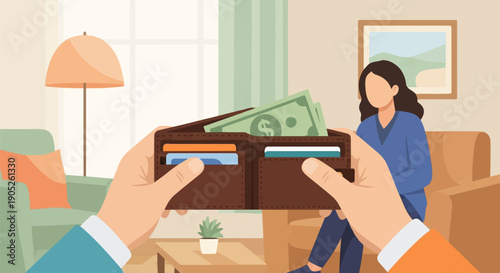 Person holding wallet with cash and cards, woman in background