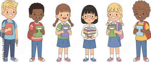 Diverse School Children Holding Books Collection Cute Student Characters Flat Vector Illustration Set