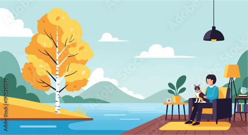 Person relaxing with a pet by a lake on an autumn day