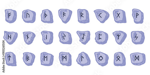 Set of hand drawn viking runes Rune stones with ancient norse alphabet characters engraved on them Scandinavian futhark germanic celtic Single element for design, print, web, decor