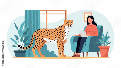 Person sits indoors with a laptop while a cheetah stands nearby