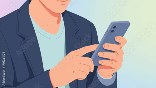 Person in blazer using smartphone in a modern abstract setting