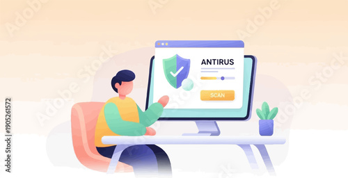Person sitting at a desk, interacting with antivirus software on a computer screen