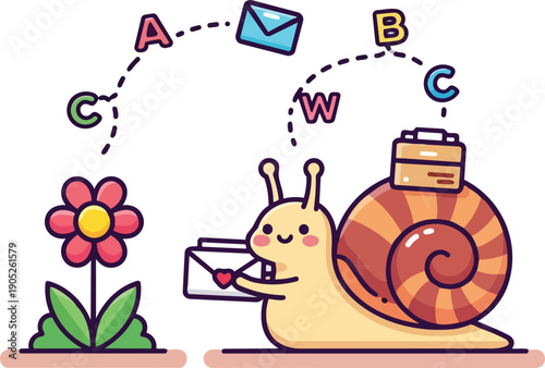 Cute cartoon snail delivering a heart envelope mail to a flower icon