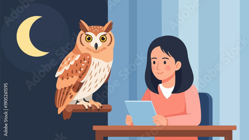 Person sitting at desk using tablet, owl perched on branch, moon in night sky