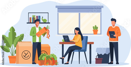 People working with fresh produce in an office setting