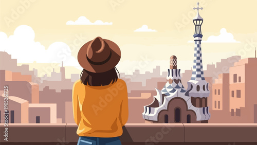 Person in hat overlooks cityscape and unique mosaic architecture