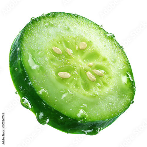 Freshly sliced green cucumber with glistening water droplets, showcasing its healthy texture