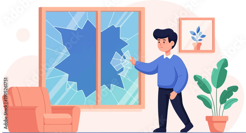 Person touching a shattered window in a room with furniture and plants