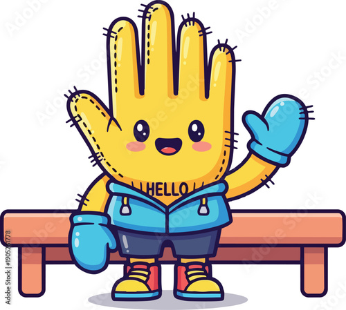 Cute yellow hand glove character wearing jacket and mittens waving hello mascot illustration