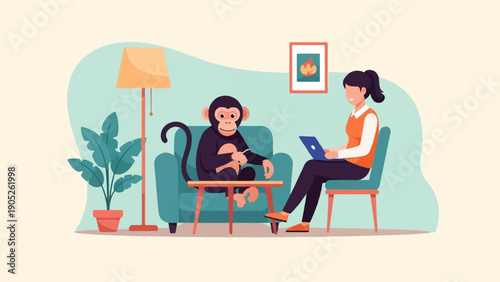 Person and chimpanzee in living room with laptop and plant