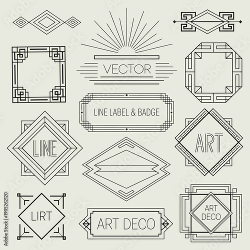 Art Deco Line and Geometric Vector Labels and Badges in Monochrome Style, Vintage Linear Frames and Emblems for Branding, Logos, Packaging Design, Posters, and Editorial Graphics