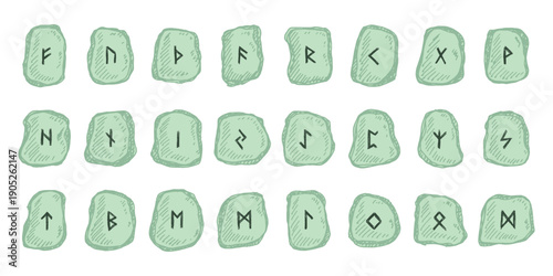 Set of hand drawn viking runes Rune stones with ancient norse alphabet characters engraved on them Scandinavian futhark germanic celtic Single element for design, print, web, decor