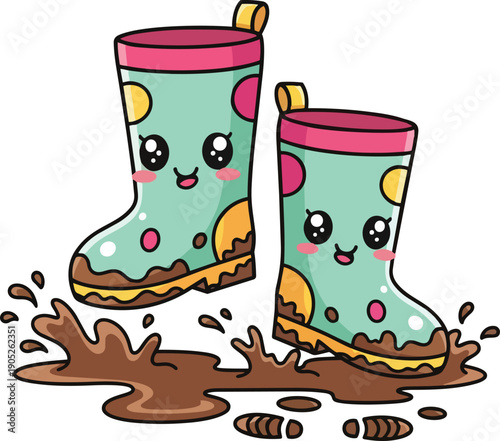 Kawaii Rubber Boots Splashing in Mud Puddle Cartoon Vector Illustration