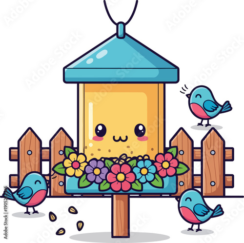Cute Kawaii Bird Feeder Icon Adorned with Colorful Flowers and Tiny Happy Birds