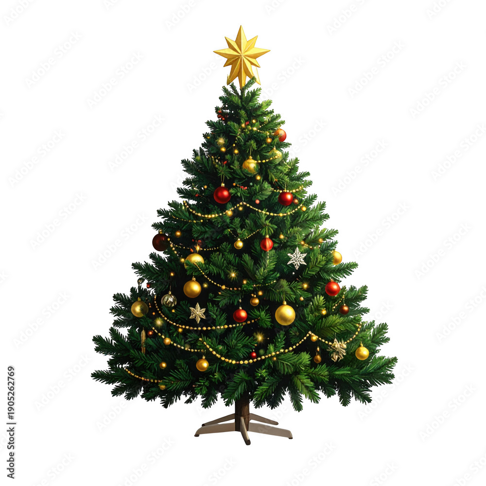 Fototapeta premium Decorated christmas tree with gold star isolated.