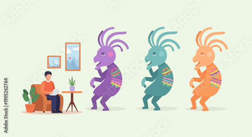 Person on couch watches animated characters dance in a room