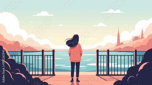 Person on pier overlooking calm water and distant city skyline at sunset