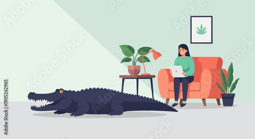Person on sofa with laptop, alligator and plants in a minimalist room