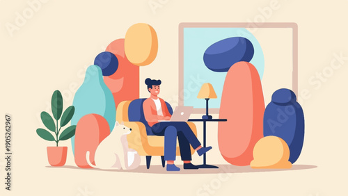 Person with laptop and cat in a room with abstract shapes