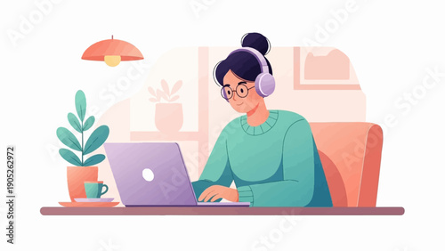 Person with headphones works on a laptop in a cozy room with a plant
