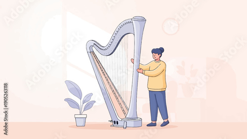 Person playing harp with plant and clock in soft-colored room