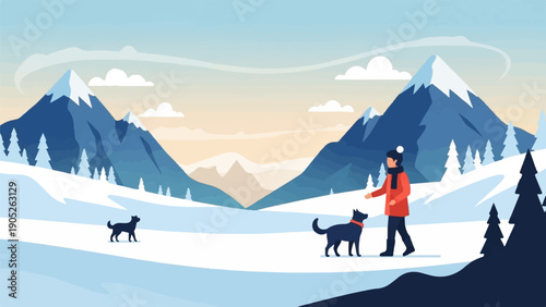 Person and dogs in snowy mountains with pine trees and clouds