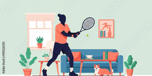 Person plays tennis indoors with dog and plants around