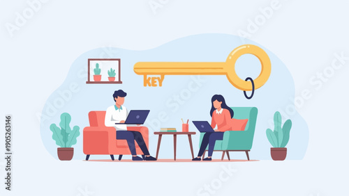 People working on laptops with a giant golden key overhead