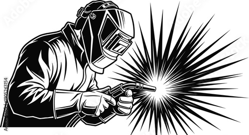 Black, and, White, Vector, Illustration, of, a, Professional, Welder, Working, with, a, Welding, Torch, and, Protective, Mask, Creating, Bright, Industrial, Sparks, Designs