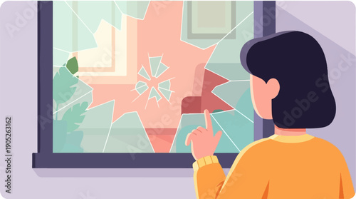 Person points at a shattered window, revealing abstract shapes and plant details