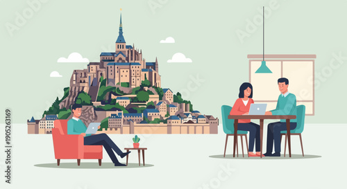 People working on laptops with a medieval fortress city in background