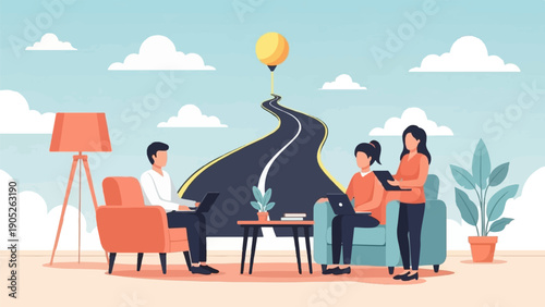 People working on laptops with a road leading to a goal in the sky